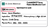 Image shows a CardioMEMS Sensor Patient Identification Card. A red box outlines and indicates the “SN” (serial number) field with a code of two letters followed by 6 numbers.