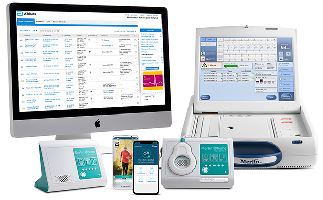Full view of all of the components for the Merlin.net Patient Care Network including portal, cardiac monitoring devices, and Abbott remote monitoring apps.