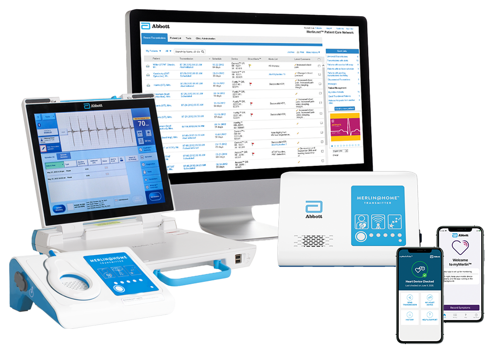 Full view of all of the components for the Merlin.net Patient Care Network including portal, cardiac monitoring devices, and Abbott remote monitoring apps.