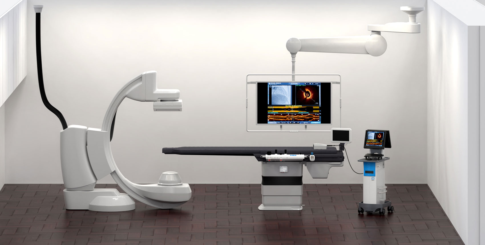OPTIS™ Imaging Systems can be easily connected to standard boom monitors in the cath lab to display the OCT user interface on the boom monitor to view PCI information from the bedside. 