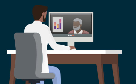 graphic showing a male doctor sitting in front of a computer screen