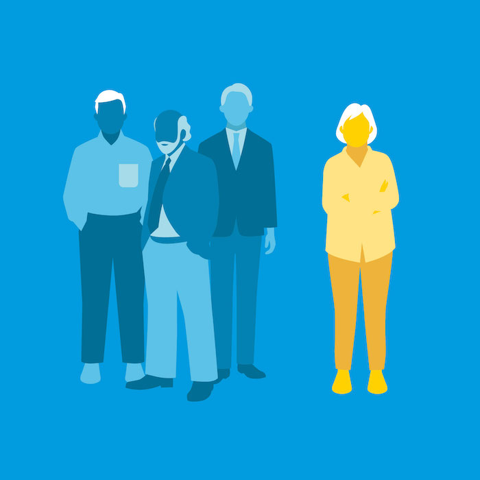 illustration of three men on the right and one woman on the left highlighted in yellow