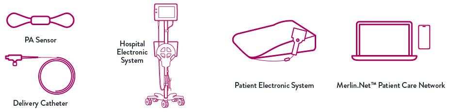 Outlines of CardioMEMS HF System components: PA sensor, delivery catheter, hospital electronic system, patient electronic system, Merlin.net Patient Care Network