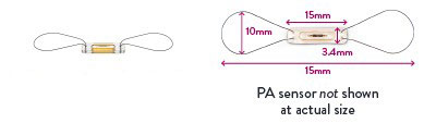 CardioMEMS PA Sensor shown at actual size and shown larger with measurement details.