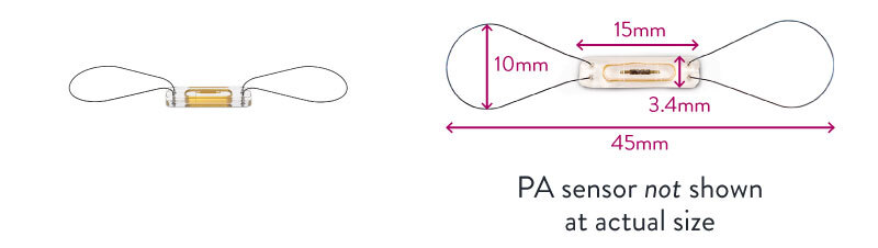 Actual size and product schematic for CardioMEMS PA Sensor