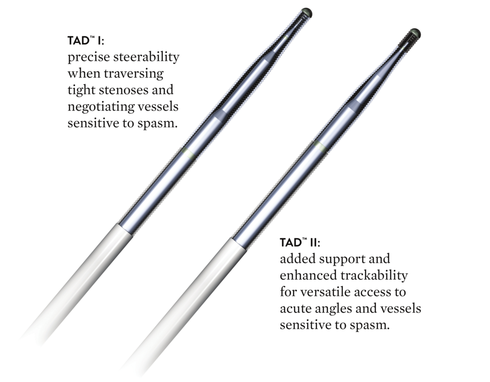 Two types of TAD™ peripheral workhorse guidewires: TAD™ I, & TAD™ II for more support, trackability