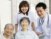 doctor, nurse, and senior patients smiling