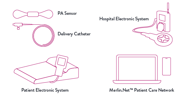 Outlines of CardioMEMS HF System components: PA sensor, delivery catheter, hospital electronic system, patient electronic system, Merlin.net Patient Care Network