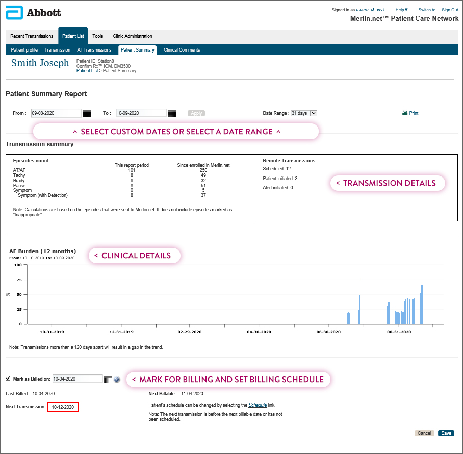 Patient Summary Report Screen